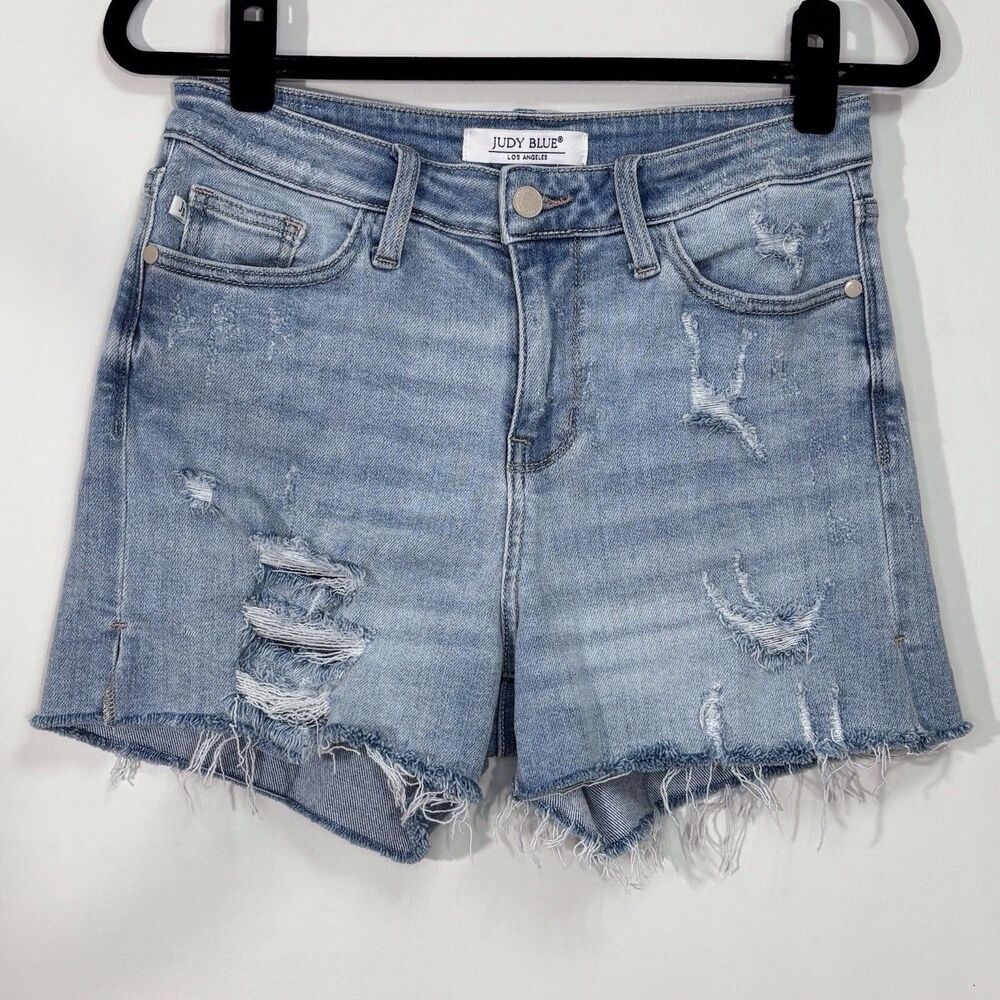 Judy Blue Distressed Denim Shorts Womens Medium Raw Frayed Hem Mid Rise Stretch
